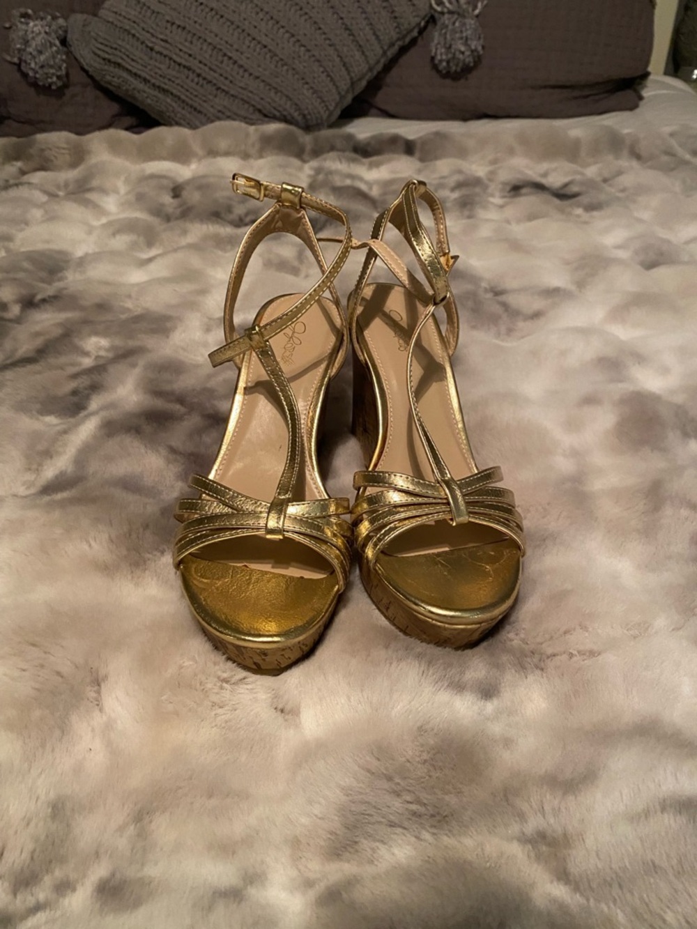 Gold Strappy Platform Heels with Ankle Strap - Women